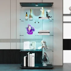 Vitrine en verre à deux portes avec éclairage LED et 4 étagères, étagère sur pied pour salon, chambre à coucher, bureau, noir
