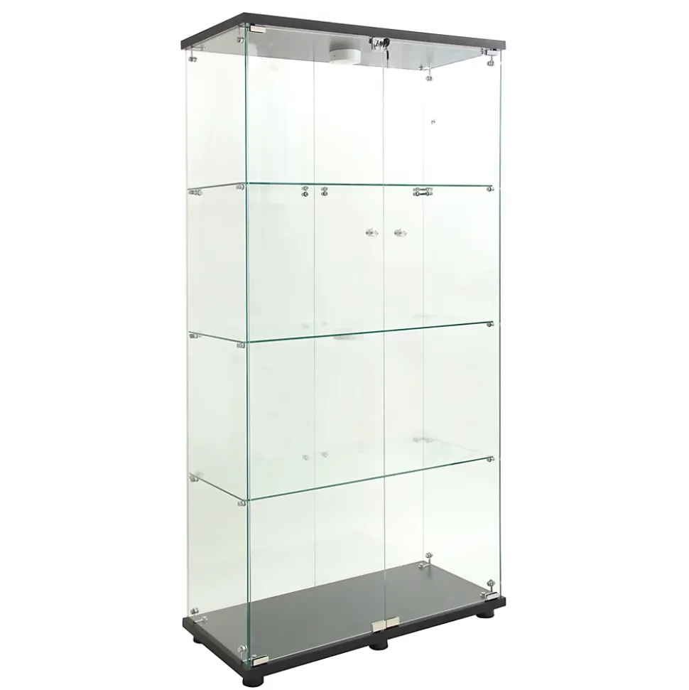 Vitrine en verre à deux portes avec éclairage LED et 4 étagères, étagère sur pied pour salon, chambre à coucher, bureau, noir