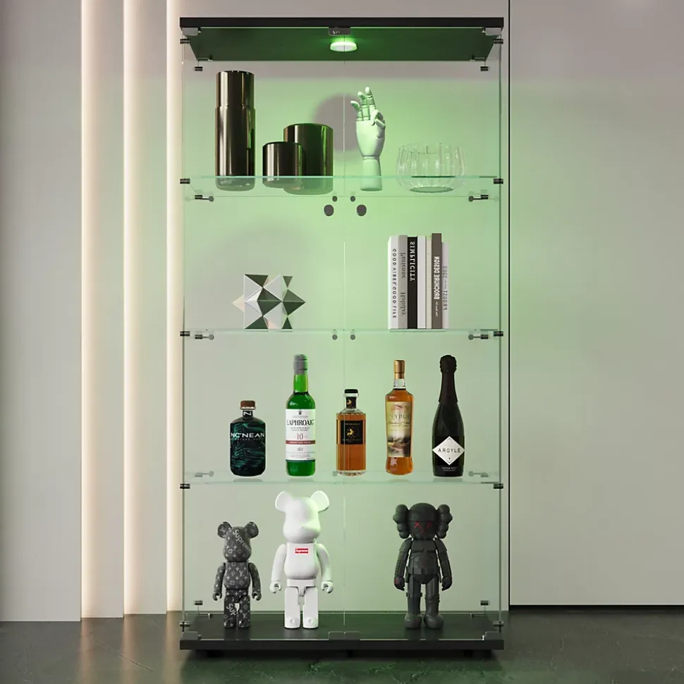 Vitrine en verre à deux portes avec éclairage LED et 4 étagères, étagère sur pied pour salon, chambre à coucher, bureau, noir