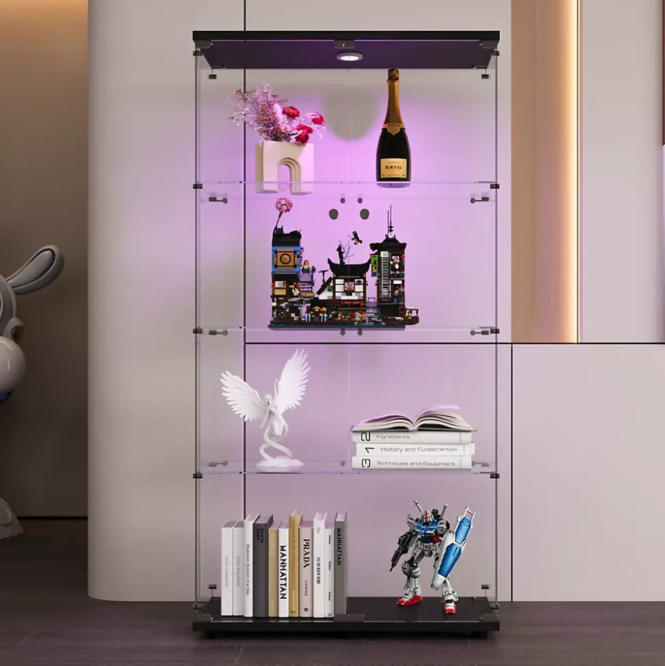 Vitrine en verre à deux portes avec éclairage LED et 4 étagères, étagère sur pied pour salon, chambre à coucher, bureau, noir