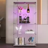 Vitrine en verre à deux portes avec éclairage LED, 4 étagères, bibliothèque sur pied moderne pour salon, chambre ou bureau, blanc