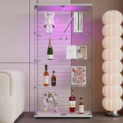 Vitrine en verre à deux portes avec éclairage LED, 4 étagères, bibliothèque sur pied moderne pour salon, chambre ou bureau, blanc