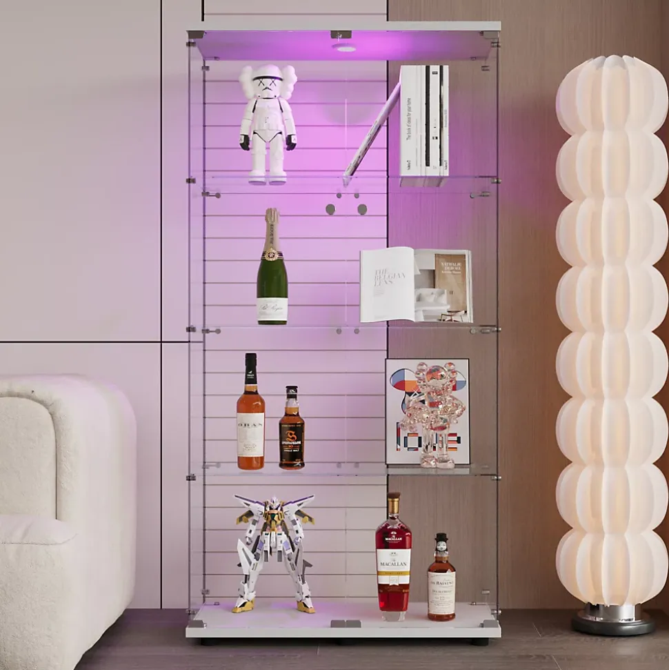 Vitrine en verre à deux portes avec éclairage LED, 4 étagères, bibliothèque sur pied moderne pour salon, chambre ou bureau, blanc