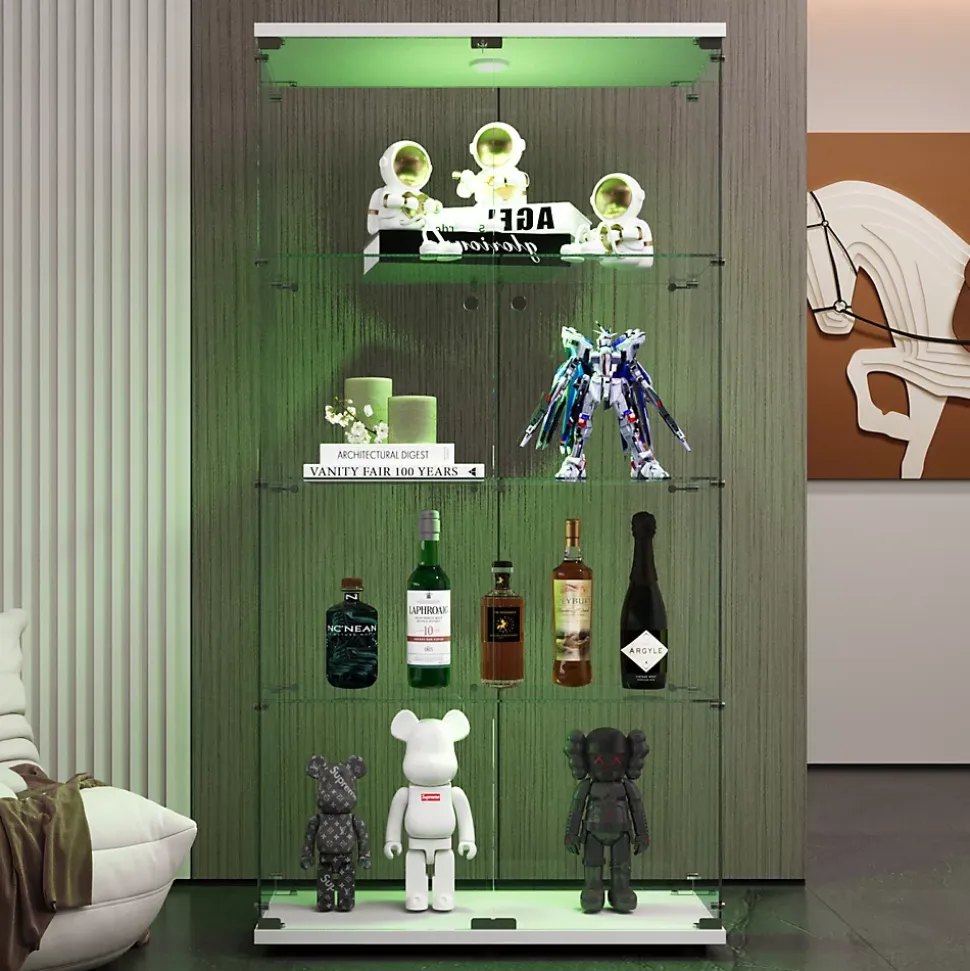 Vitrine en verre à deux portes avec éclairage LED, 4 étagères, bibliothèque sur pied moderne pour salon, chambre ou bureau, blanc