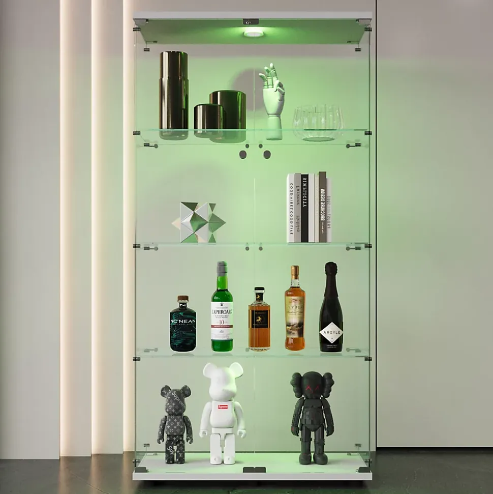 Vitrine en verre à deux portes avec éclairage LED, 4 étagères, bibliothèque sur pied moderne pour salon, chambre ou bureau, blanc