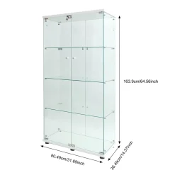 Vitrine en verre à deux portes avec éclairage LED, 4 étagères, bibliothèque sur pied moderne pour salon, chambre ou bureau, blanc