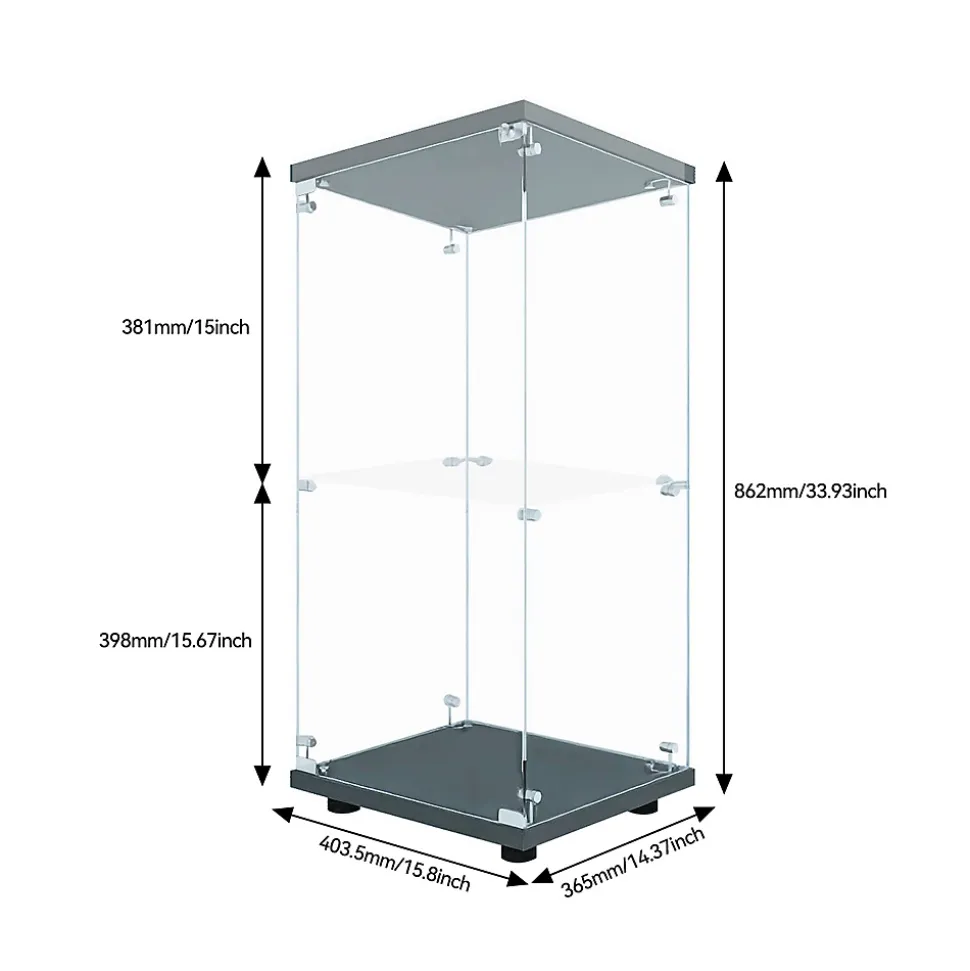 Vitrine en Verre 2 étagères, Meuble Vitrine Verre avec LED et Portes, 86x40x36 cm, Noir