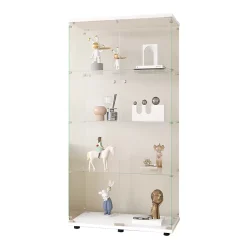 Vitrine en Verre 4 étagères, 2 Portes et Serrure, 164 x 80 x 36 cm, Blanc