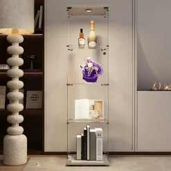 Vitrine en verre 4 étagères avec LED et porte, Meuble sur pied pour salon, chambre ou bureau, Blanc