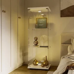Vitrine en verre à trois couches avec lumière LED, blanc, élégante vitrine en verre pour exposer vos trésors
