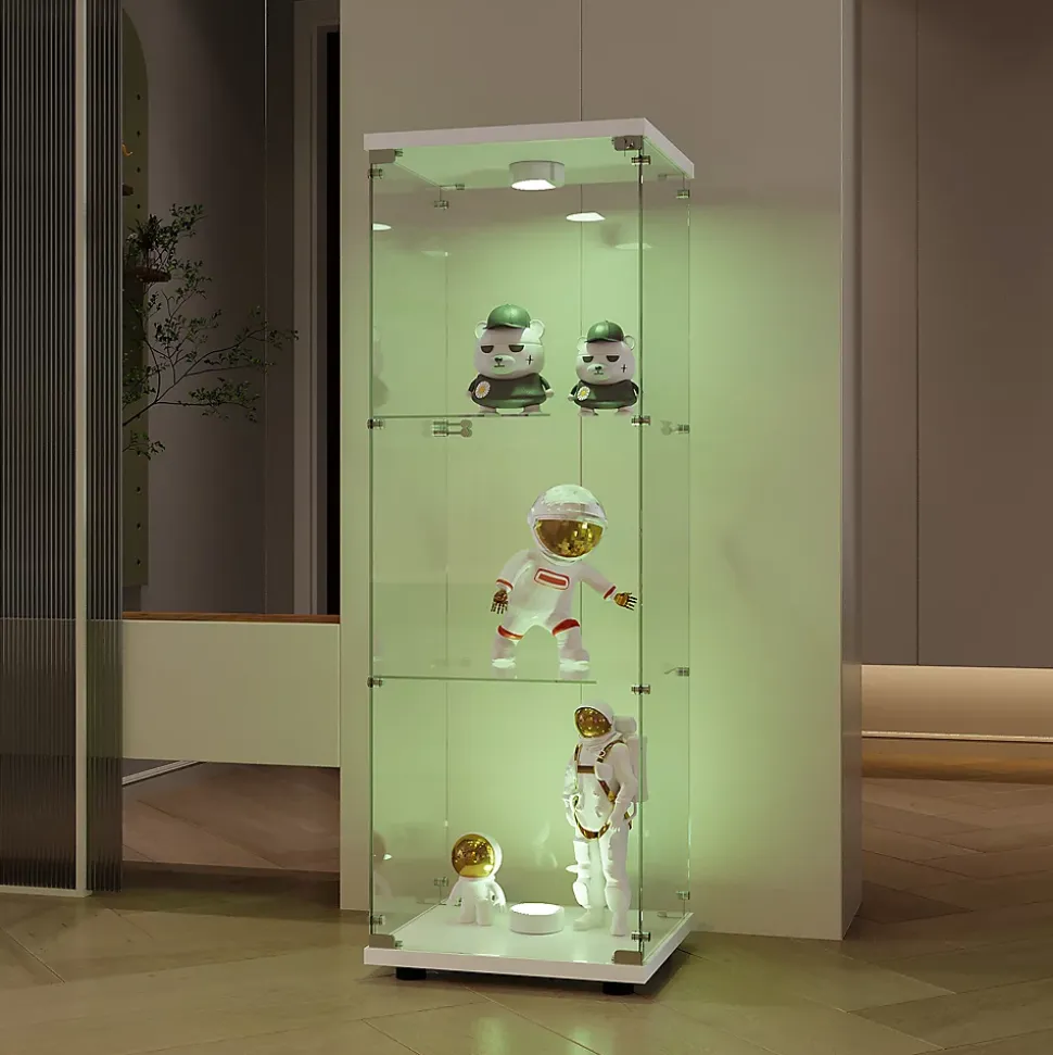 Vitrine en verre à trois couches avec lumière LED, blanc, élégante vitrine en verre pour exposer vos trésors
