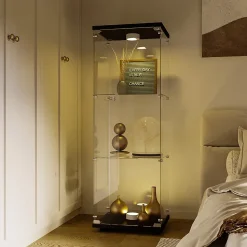 Vitrine en verre à trois couches avec lumière LED, noire, élégante vitrine en verre pour exposer vos trésors
