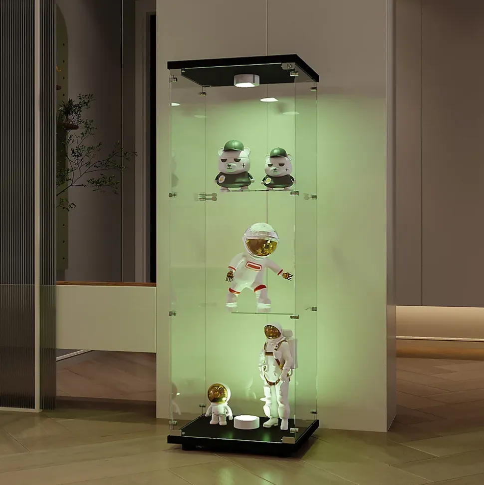 Vitrine en verre à trois couches avec lumière LED, noire, élégante vitrine en verre pour exposer vos trésors