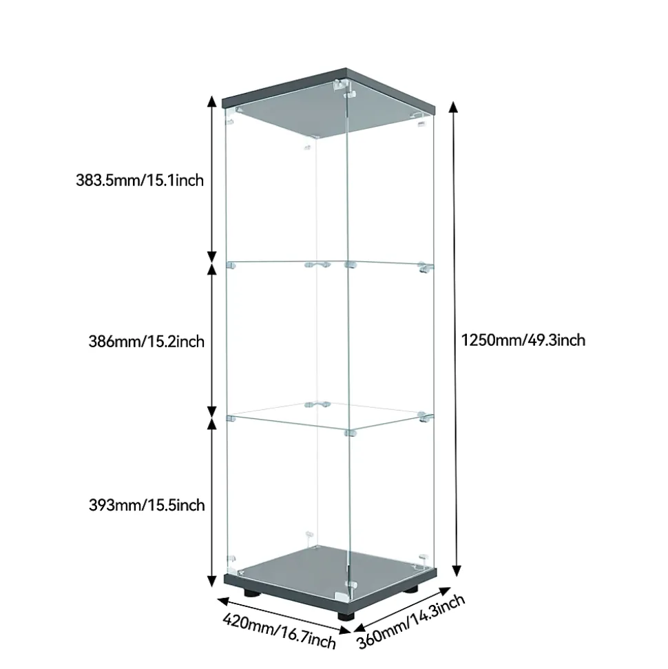 Vitrine en verre à trois couches avec lumière LED, noire, élégante vitrine en verre pour exposer vos trésors