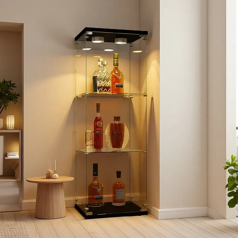 Vitrine en verre à trois couches avec lumière LED, noire, élégante vitrine en verre pour exposer vos trésors