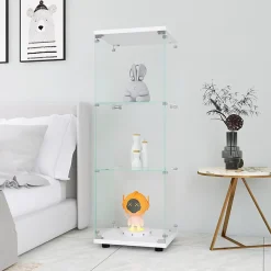Vitrine en verre avec 3 étagères, armoire à curiosités à une porte pour salon, chambre, bureau, bibliothèque en verre blanc