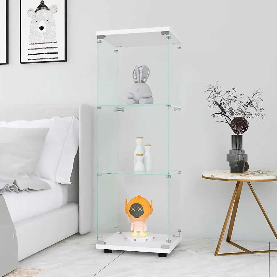 Vitrine en verre avec 3 étagères, armoire à curiosités à une porte pour salon, chambre, bureau, bibliothèque en verre blanc