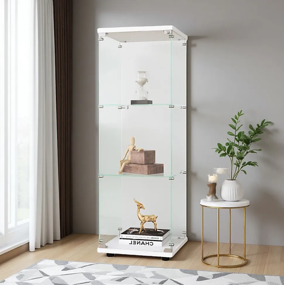 Vitrine en verre avec 3 étagères, armoire à curiosités à une porte pour salon, chambre, bureau, bibliothèque en verre blanc