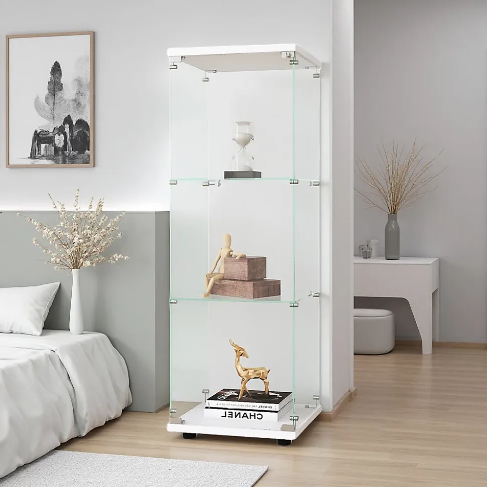 Vitrine en verre avec 3 étagères, armoire à curiosités à une porte pour salon, chambre, bureau, bibliothèque en verre blanc