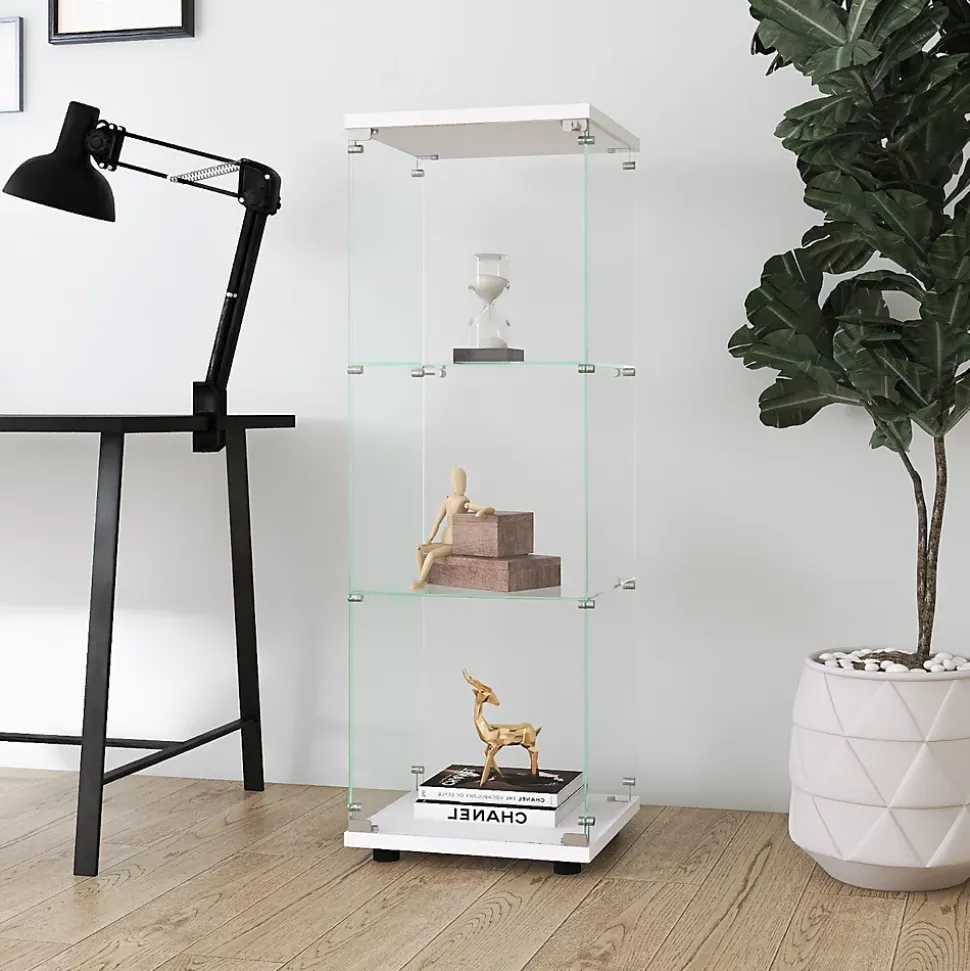 Vitrine en verre avec 3 étagères, armoire à curiosités à une porte pour salon, chambre, bureau, bibliothèque en verre blanc