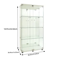Vitrine en verre avec 4 étagères, vitrine à 2 portes avec lumière et serrure, blanc