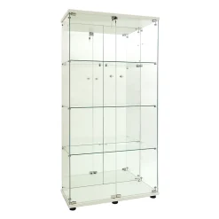 Vitrine en verre avec 4 étagères, vitrine à 2 portes avec lumière et serrure, blanc