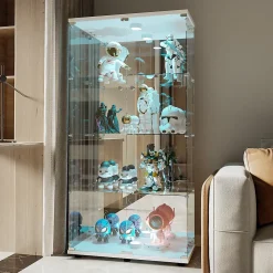 Vitrine en verre avec 4 étagères, vitrine à 2 portes avec lumière et serrure, blanc