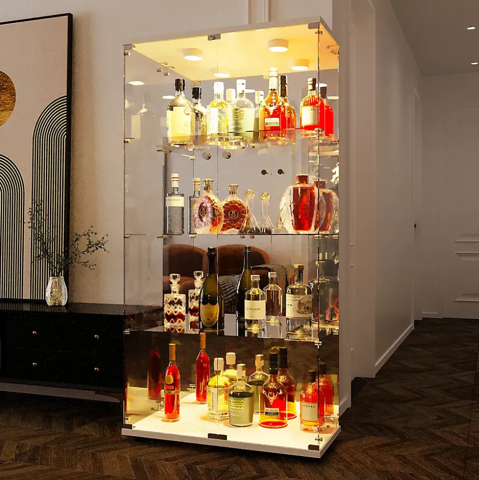 Vitrine en verre avec 4 étagères, vitrine à 2 portes avec lumière et serrure, blanc