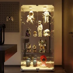 Vitrine en verre avec 4 étagères, vitrine à 2 portes avec lumière et serrure, blanc