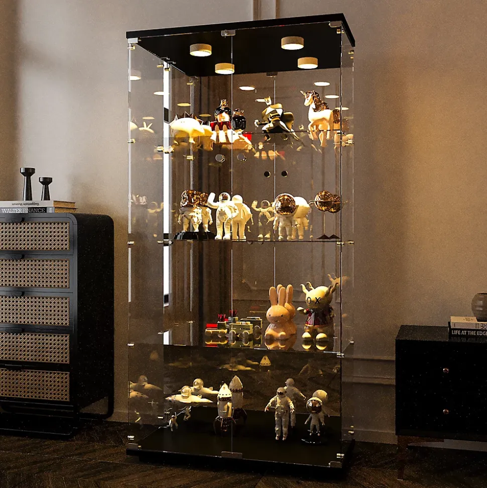 Vitrine en verre avec 4 étagères, vitrine à 2 portes avec lumière et serrure, noir