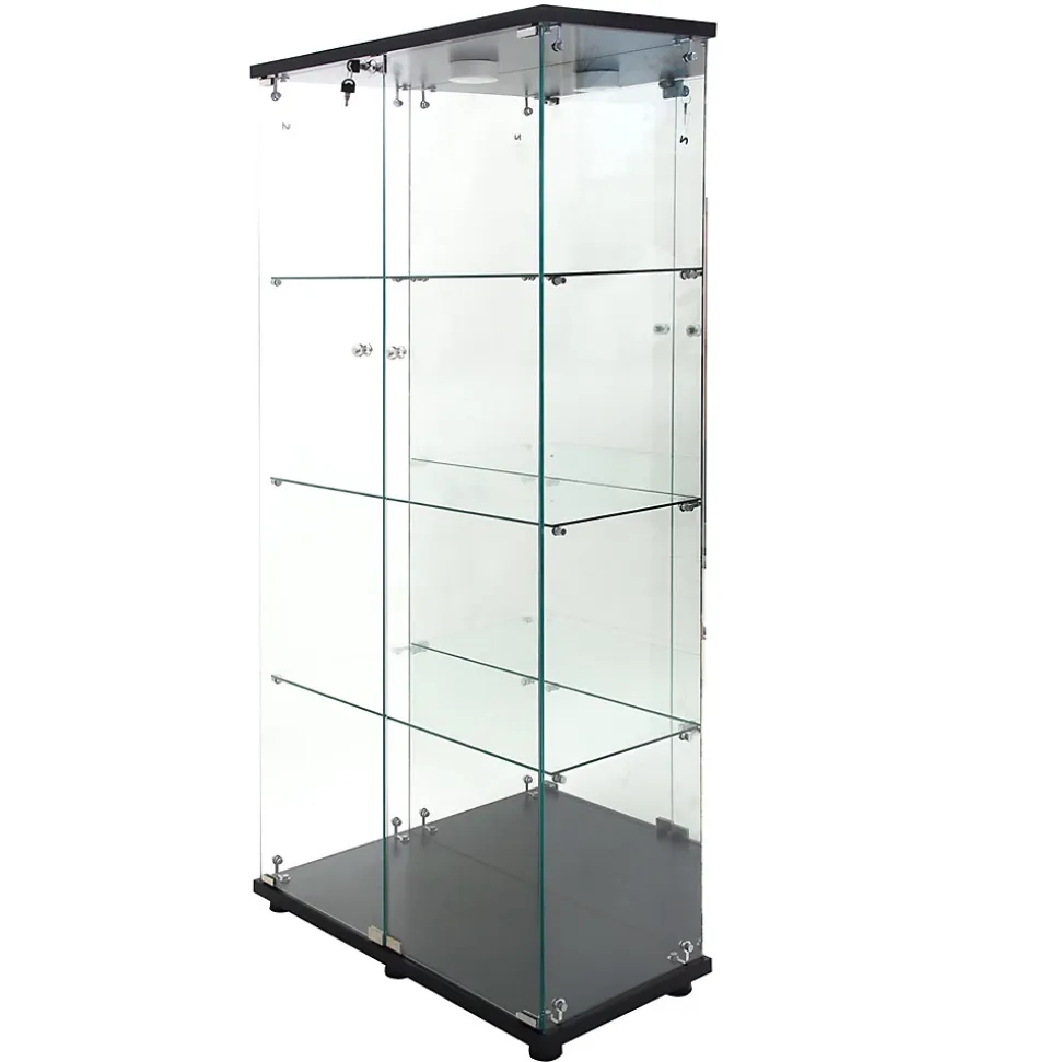 Vitrine en verre avec 4 étagères, vitrine à 2 portes avec lumière et serrure, noir