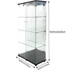 Vitrine en verre avec 4 étagères, vitrine à 2 portes avec lumière et serrure, noir