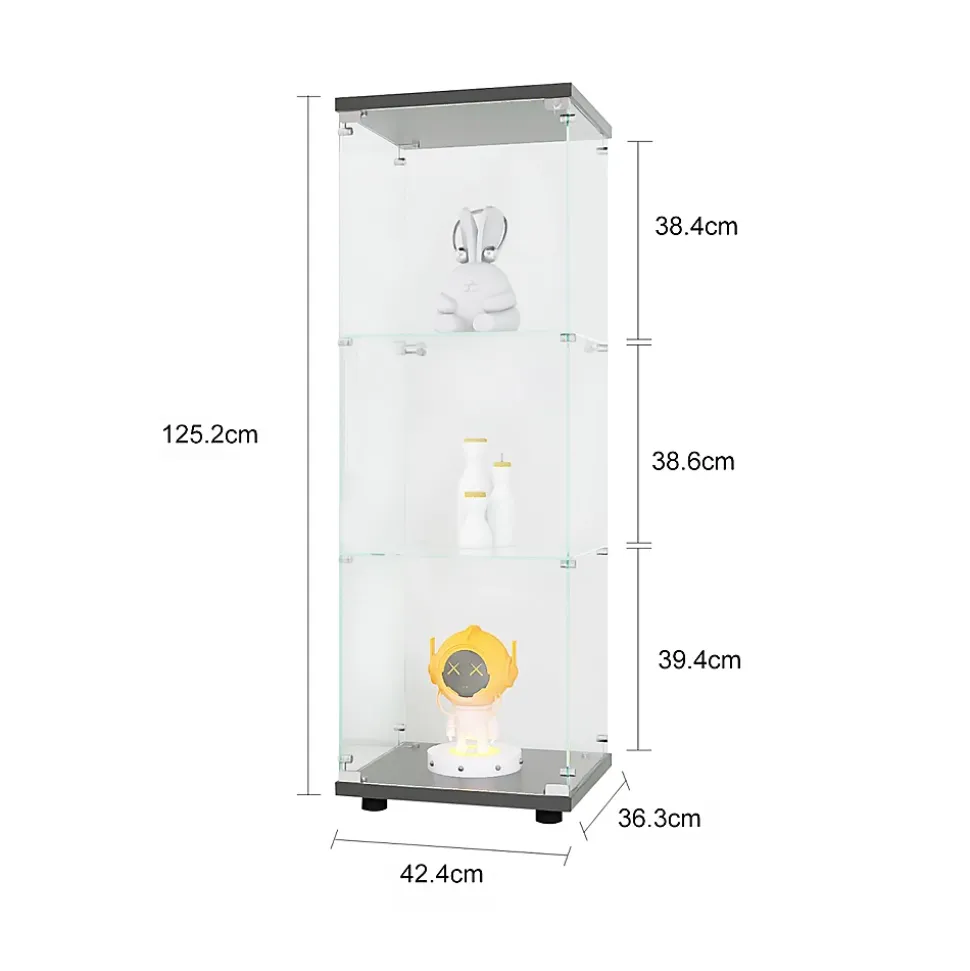 Vitrine en verre avec 3 étagères, Vitrine à une porte pour salon, chambre, bureau, bibliothèque en verre sur pied, Noir