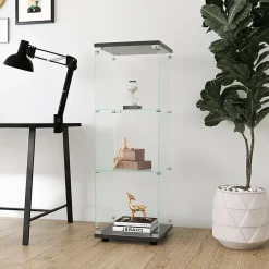 Vitrine en verre avec 3 étagères, Vitrine à une porte pour salon, chambre, bureau, bibliothèque en verre sur pied, Noir
