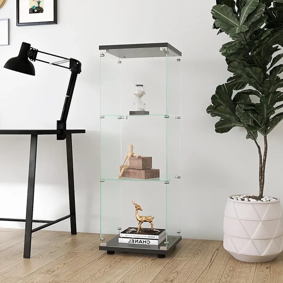 Vitrine en verre avec 3 étagères, Vitrine à une porte pour salon, chambre, bureau, bibliothèque en verre sur pied, Noir