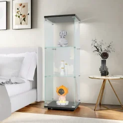 Vitrine en verre avec 3 étagères, Vitrine à une porte pour salon, chambre, bureau, bibliothèque en verre sur pied, Noir