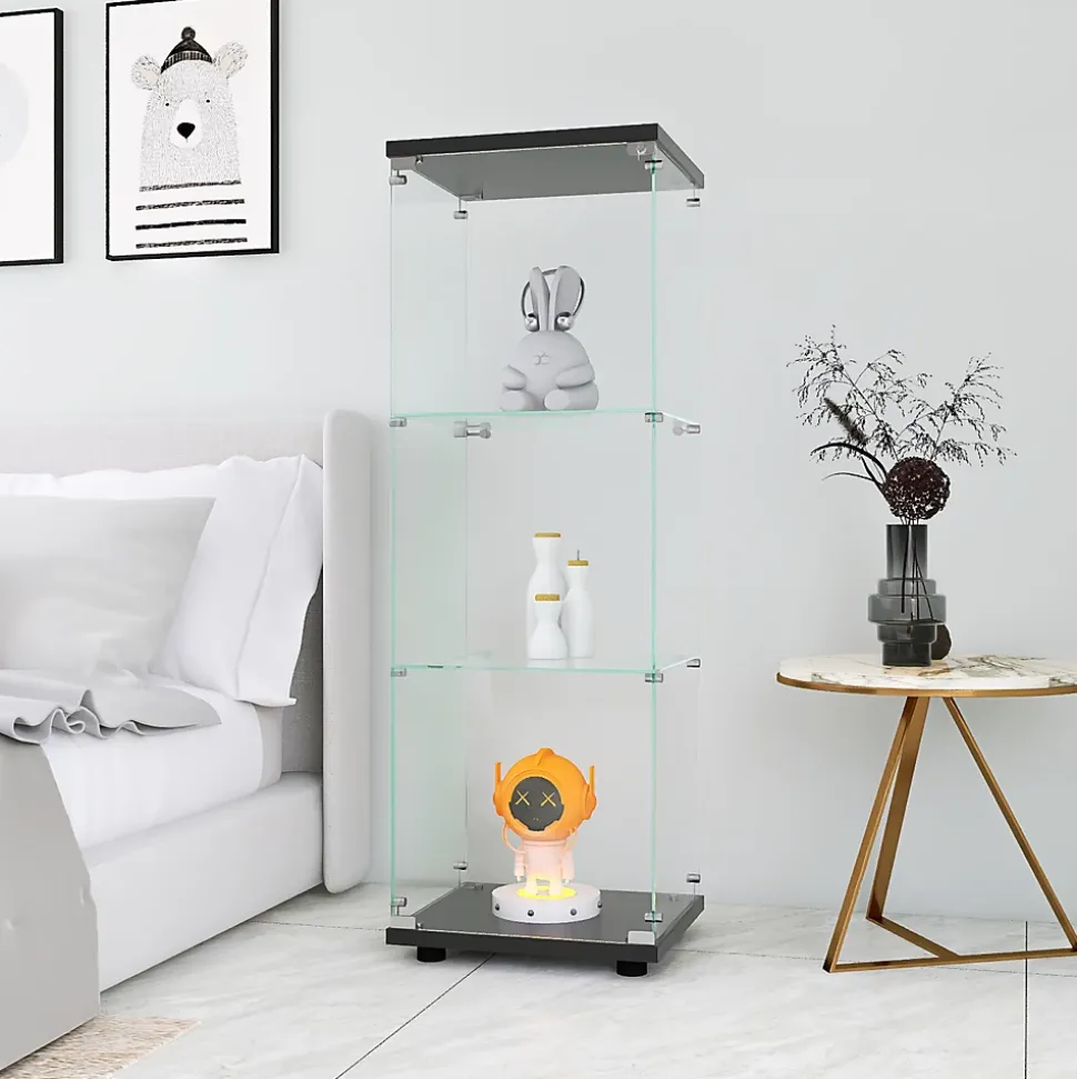 Vitrine en verre avec 3 étagères, Vitrine à une porte pour salon, chambre, bureau, bibliothèque en verre sur pied, Noir