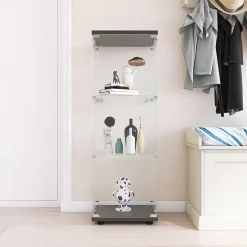 Vitrine en verre avec 3 étagères, Vitrine à une porte pour salon, chambre, bureau, bibliothèque en verre sur pied, Noir