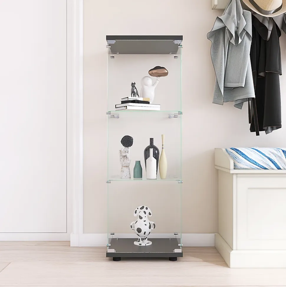 Vitrine en verre avec 3 étagères, Vitrine à une porte pour salon, chambre, bureau, bibliothèque en verre sur pied, Noir