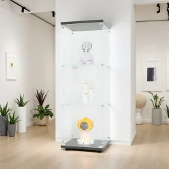 Vitrine en verre avec 3 étagères, Vitrine à une porte pour salon, chambre, bureau, bibliothèque en verre sur pied, Noir