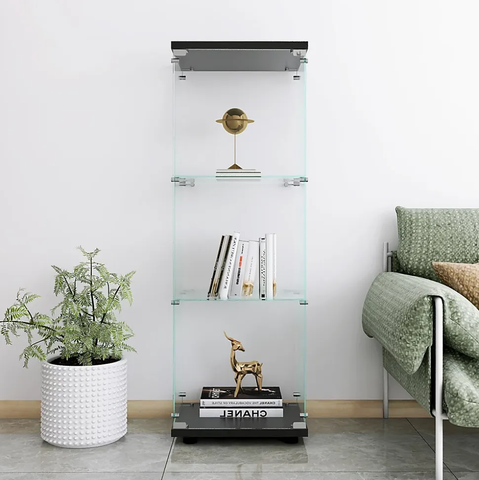Vitrine en verre avec 3 étagères, Vitrine à une porte pour salon, chambre, bureau, bibliothèque en verre sur pied, Noir