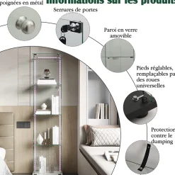 Vitrine En Verre Avec Bande Lumineuse LED, Avec 4 Étagères Et Portes, 163x40x35 Cm,blanc
