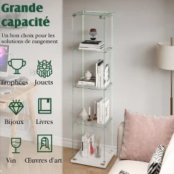 Vitrine En Verre Avec Bande Lumineuse LED, Avec 4 Étagères Et Portes, 163x40x35 Cm,blanc