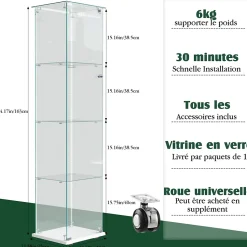 Vitrine En Verre Avec Bande Lumineuse LED, Avec 4 Étagères Et Portes, 163x40x35 Cm,blanc