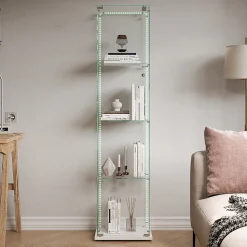 Vitrine En Verre Avec Bande Lumineuse LED, Avec 4 Étagères Et Portes, 163x40x35 Cm,blanc