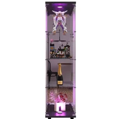 Vitrine En Verre Avec LED Et Miroir, Avec 1 Porte Et 4 Étagères, Pour Salon, Noir