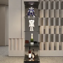 Vitrine En Verre Avec LED Et Miroir, Avec 1 Porte Et 4 Étagères, Pour Salon, Noir