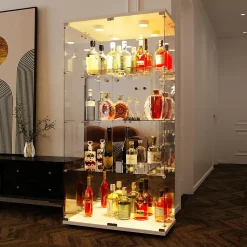 Vitrine En Verre Avec Miroir Et Éclairage LED,2 Portes,4 Étagères,convient Pour Bureau, Salon,blanc