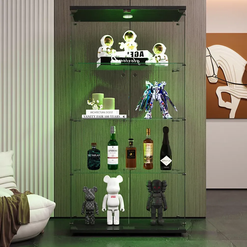 Vitrine en verre, LED, 4 couches, 2 portes, 80,5x36,5x164cm, pour salon, chambre à coucher, bureau, Noir