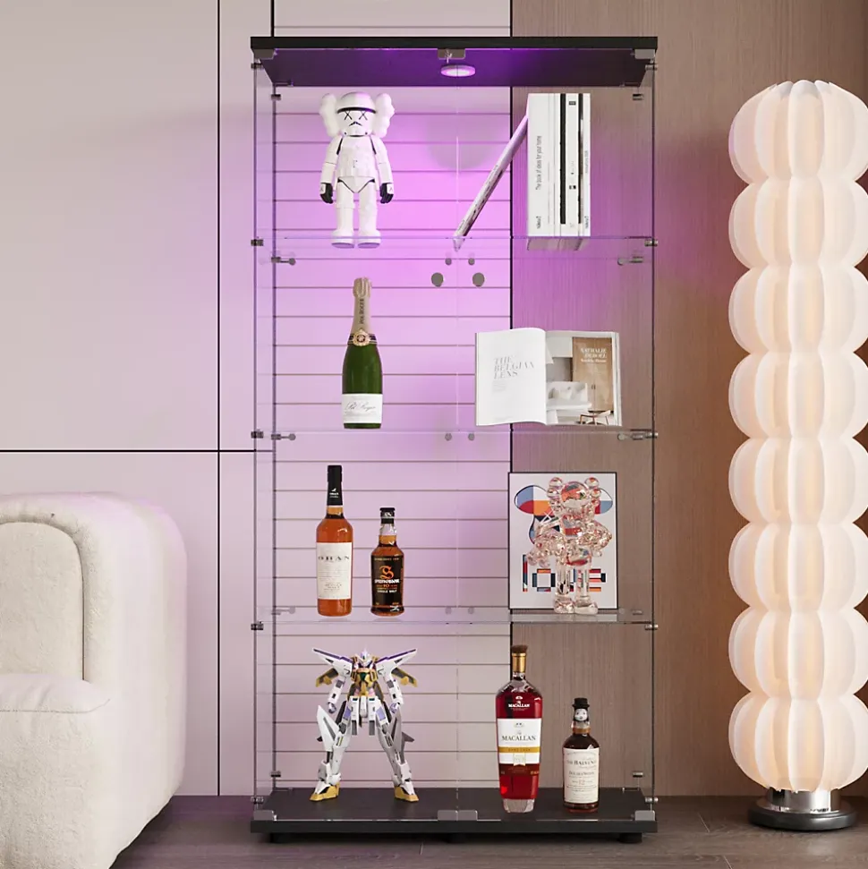 Vitrine en verre, LED, 4 couches, 2 portes, 80,5x36,5x164cm, pour salon, chambre à coucher, bureau, Noir